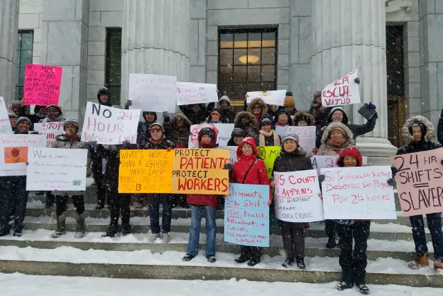 Home health aide workers rally outside the New York Court of Appeals in Albany last month